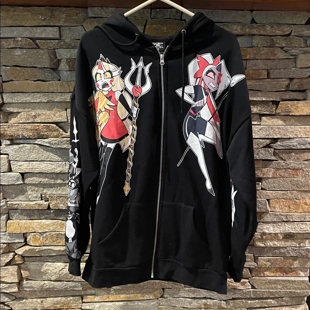 Hot Topic Black Zip-Up Sweater with Graphic Design